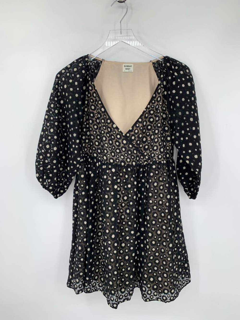 Sunday Best Aritzia Bonita daisy mini dress black puffed sleeve full skirt XS